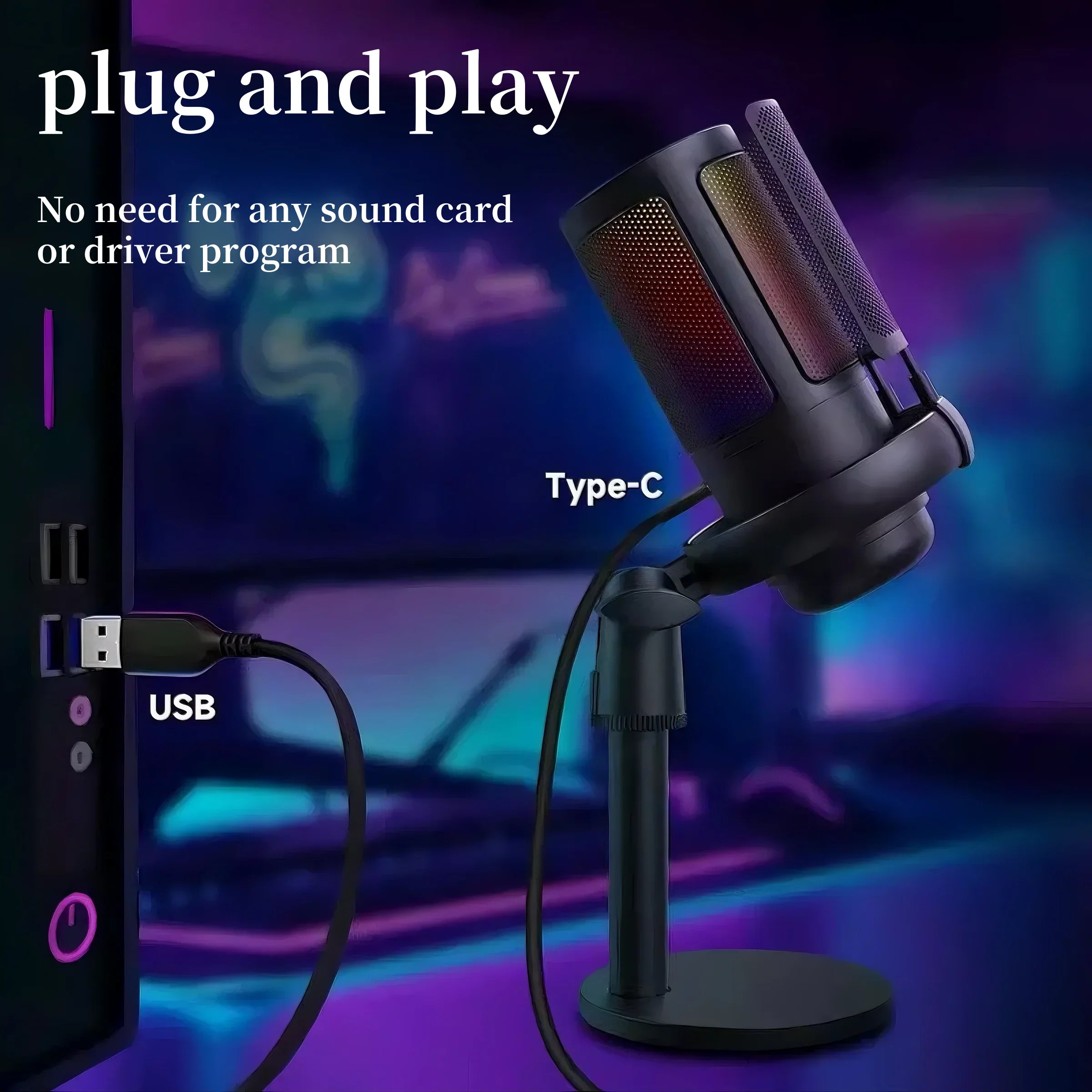 Professional USB microphone, computer condenser microphone, RGB microphone, suitable for game live video recording and recording
