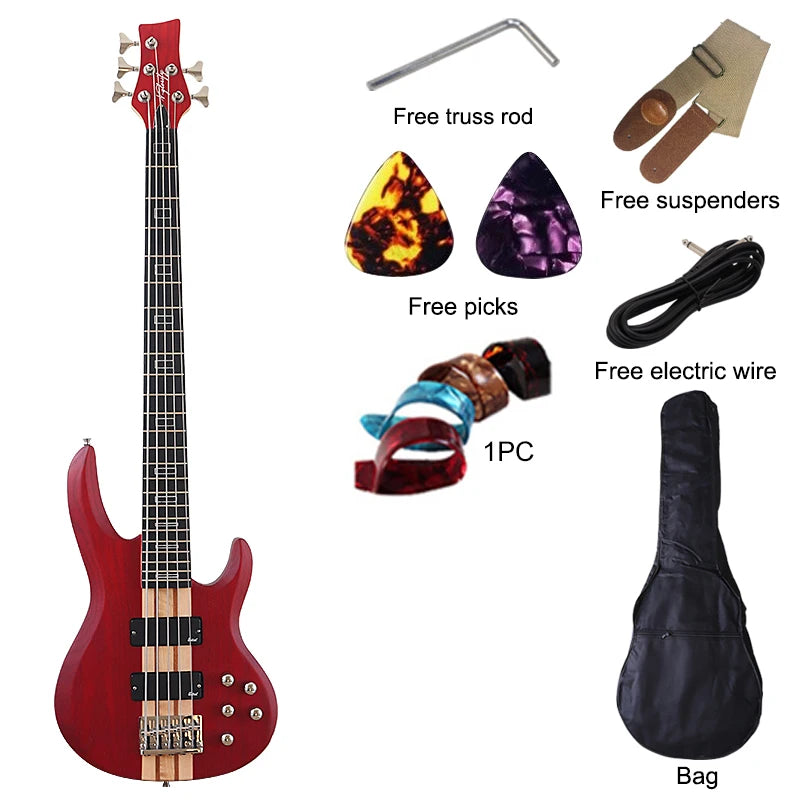 Active 5 String Neck Through Electric Bass Guitar 43 Inch Solid Okoume Body Natural Color Bass Guitar with Free Bag