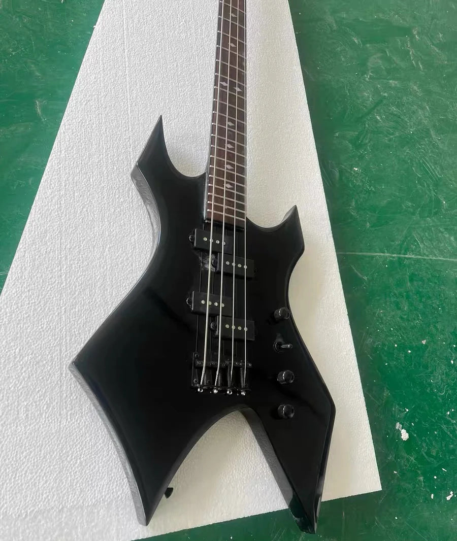 High Quality Unusual Shape Black 4 Strings Electric Bass Guitar Rosewood Fretboard Black Hardwares Factory Customizable