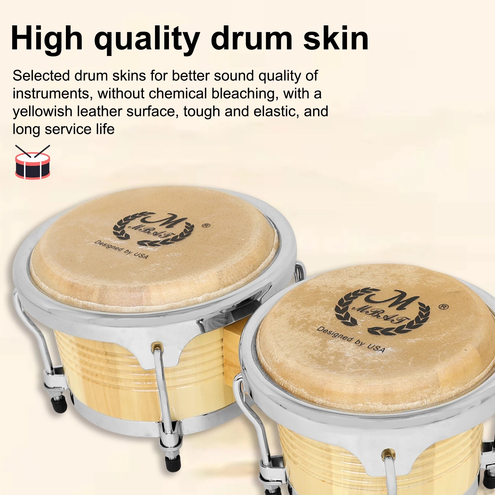 M MBAT Bongo Drum Oak+Buffalo Leather Double Drum African Jazz Style Tambourine Cuban Drum Portable Percussion Instrument