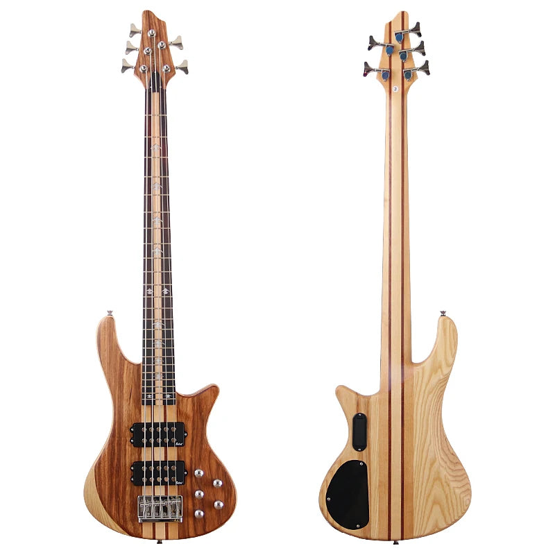 Active 5 String Neck Through Electric Bass Guitar 43 Inch Solid Okoume Body Natural Color Bass Guitar with Free Bag