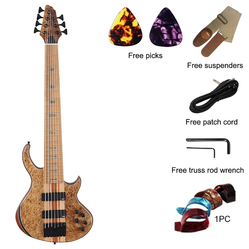 Neck Through Active 7 String Bass Guitar Black 43 Inch Electric Bass Guitar 24 Frets Solid Okoume Body with Canada Maple Neck