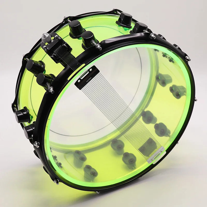 13 Inch Diameter 7 Inch Depth Acrylic Snare Drum Green with Black Color Iron Hoop and Metal One Side Drum Lug