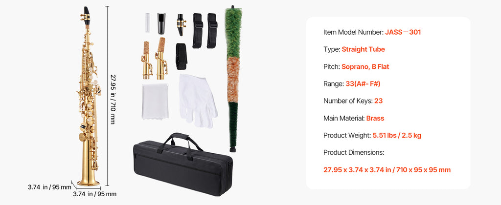 SucceBuy Straight Soprano Brass Saxophone B Flat 23 Keys, Mouthpiece, Cleaning Cloth Rod, Gloves, Neck Strap, kit for Beginners