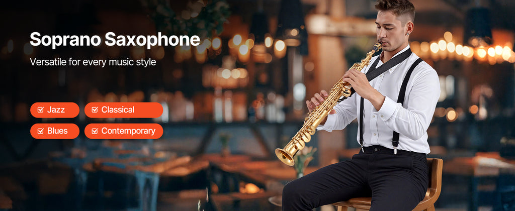 SucceBuy Straight Soprano Brass Saxophone B Flat 23 Keys, Mouthpiece, Cleaning Cloth Rod, Gloves, Neck Strap, kit for Beginners