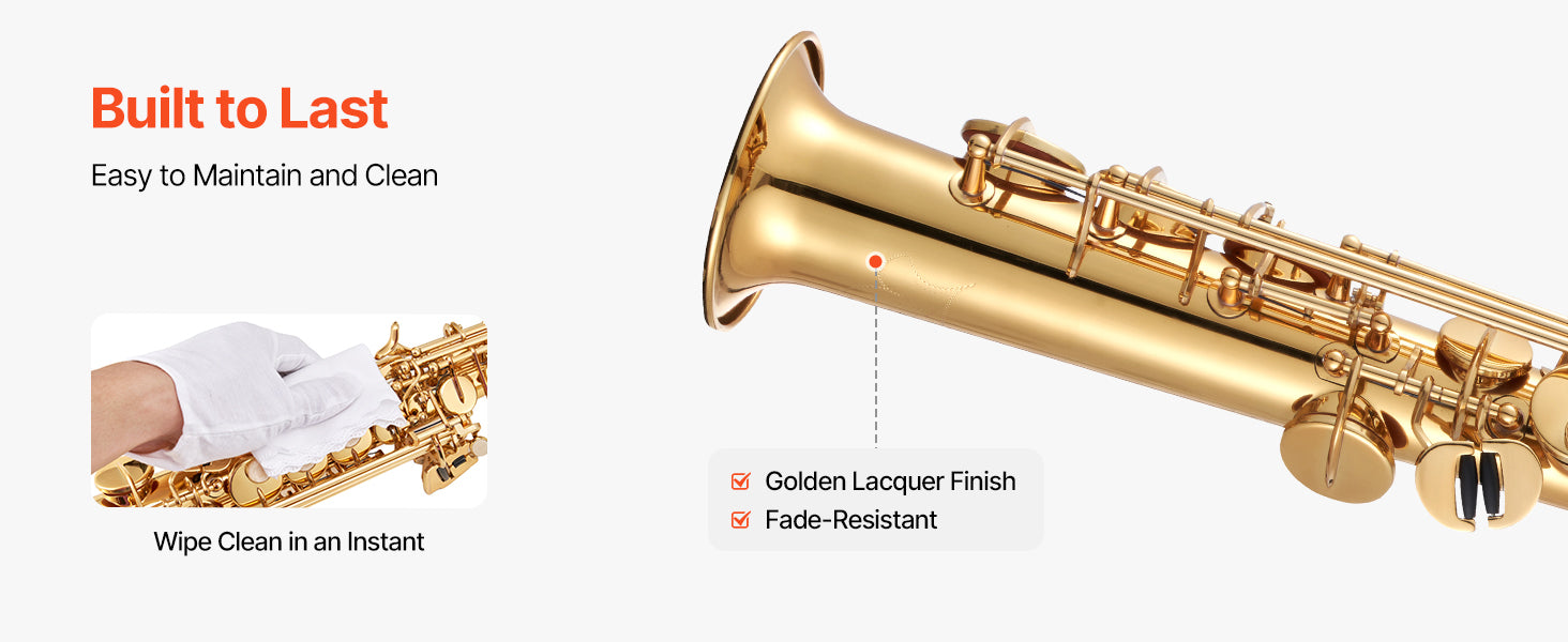 SucceBuy Straight Soprano Brass Saxophone B Flat 23 Keys, Mouthpiece, Cleaning Cloth Rod, Gloves, Neck Strap, kit for Beginners