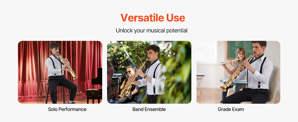 SucceBuy Straight Soprano Brass Saxophone B Flat 23 Keys, Mouthpiece, Cleaning Cloth Rod, Gloves, Neck Strap, kit for Beginners