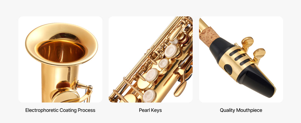 SucceBuy Straight Soprano Brass Saxophone B Flat 23 Keys, Mouthpiece, Cleaning Cloth Rod, Gloves, Neck Strap, kit for Beginners